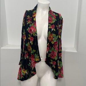 Travel Elements Black Green Red Floral Lace Open Front Cardigan Size L